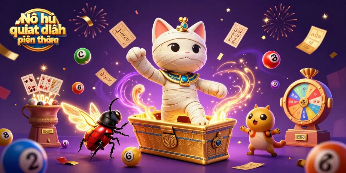 Nổ hũ quyết chiến tiền thưởng adventure featuring a thrilling Egyptian mummy cat, lottery excitement, and vibrant casino elements.