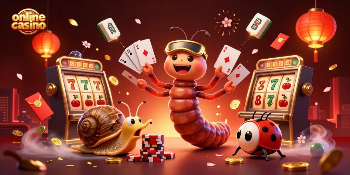 Engaging scene showcasing an online casino with a millipede dealer, high-roller snail, and vibrant slot elements.