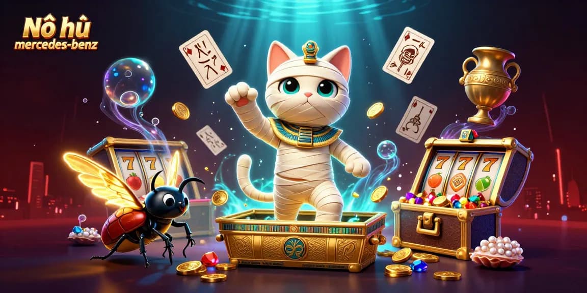 Nổ hũ mercedes-benz showcases a cartoon mummy cat and vibrant slot elements bursting with excitement in a casino