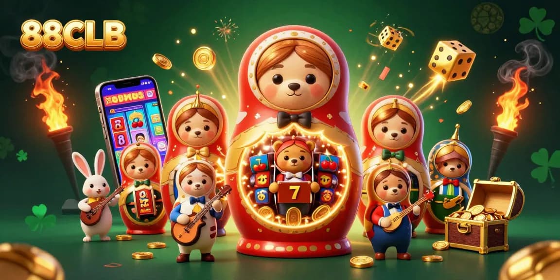 88CLB showcases vibrant casino experience with dazzling slot machines and charming characters.