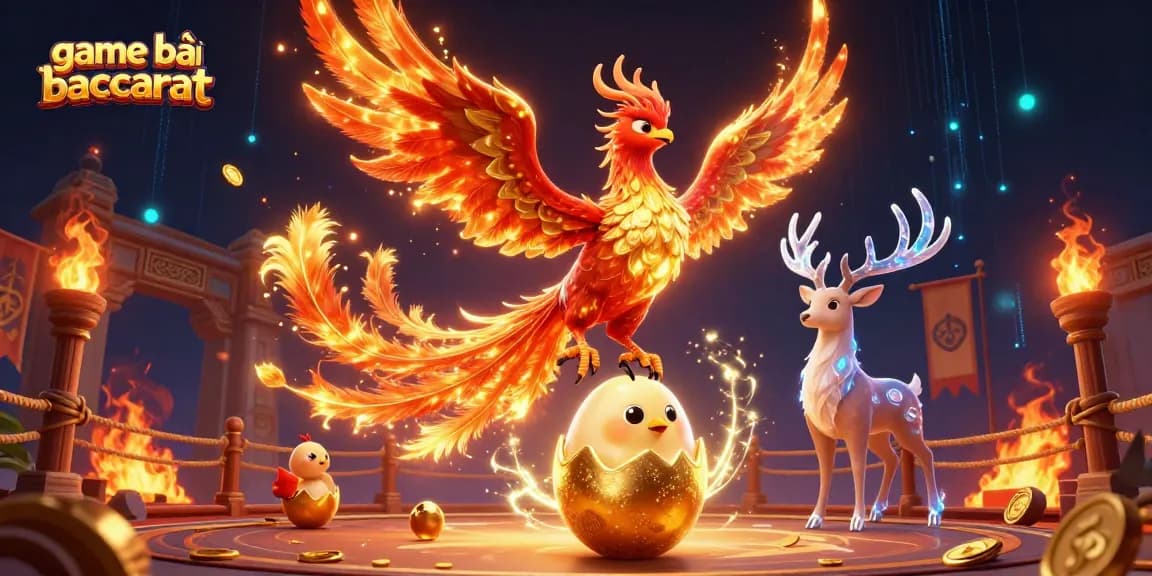 Engage with game bài baccarat as the phoenix rises in a vibrant 3D casino illustration.