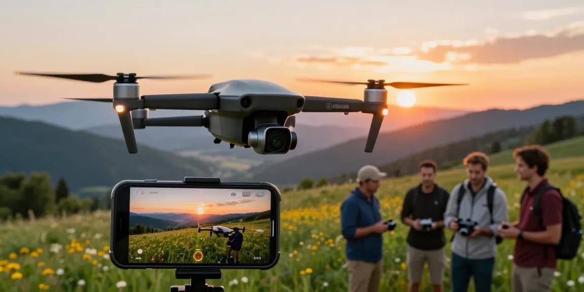 F168 drone capturing stunning aerial footage during golden hour over scenic landscape with vibrant sunset.