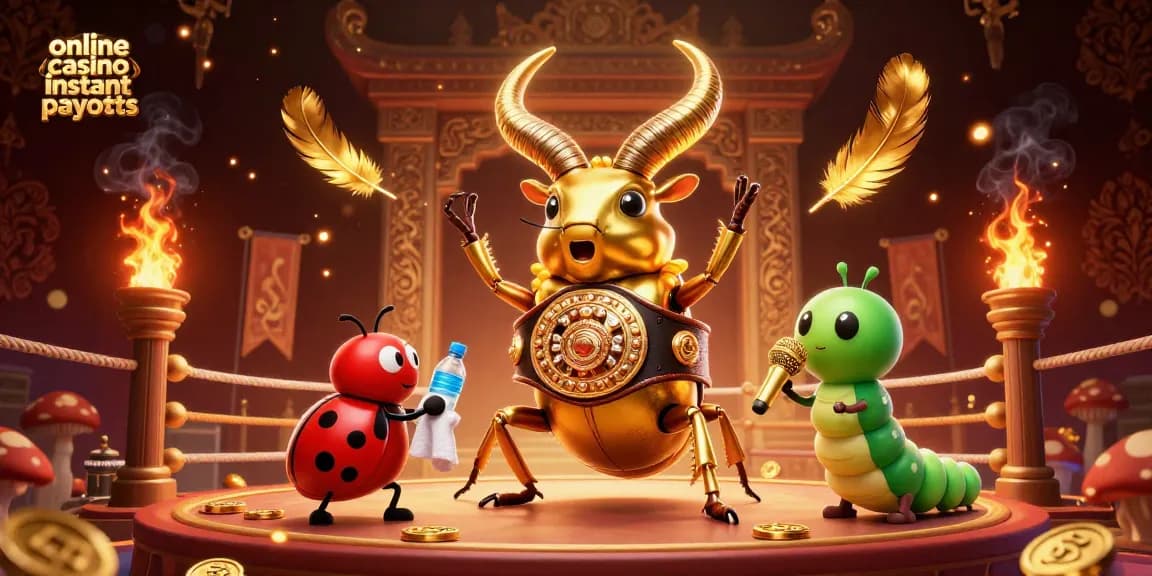 Experience online casino instant payouts with a dynamic battle scene featuring a champion beetle and vibrant casino elements.
