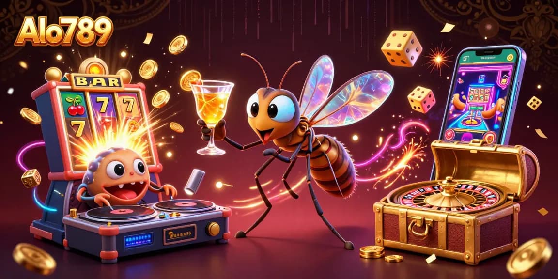 Alo789 casino mascot holds a cocktail amidst dynamic casino elements including jackpot slot machines and roulette wheels