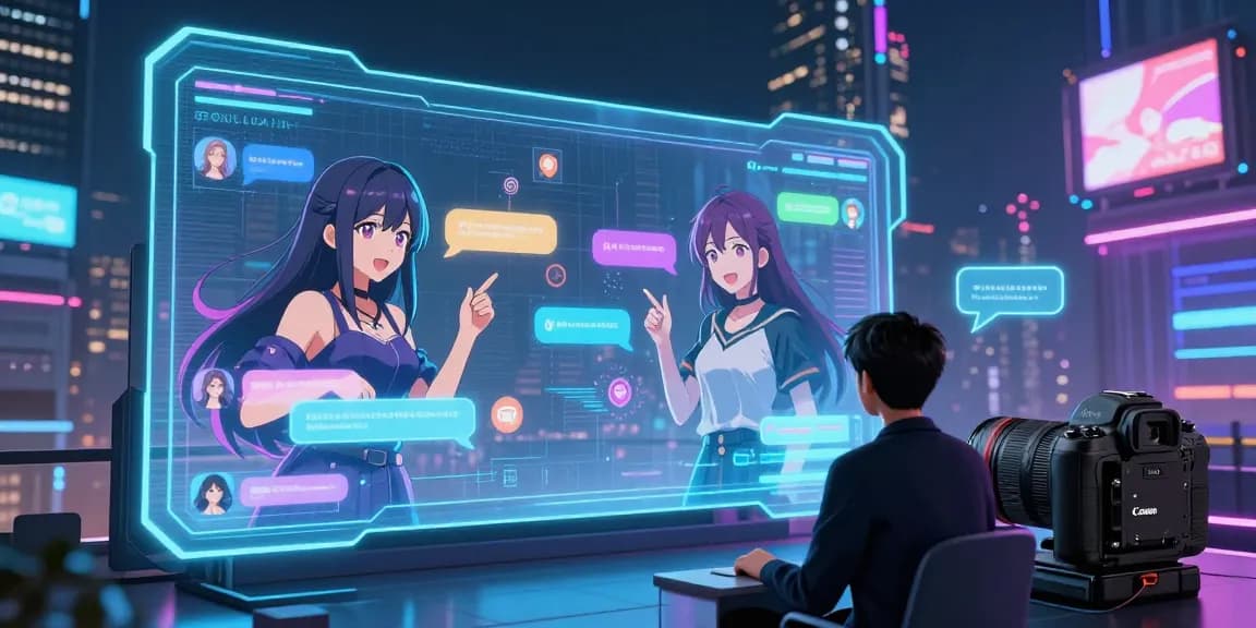 Engaging AI chat hentai experience with animated characters in a futuristic digital landscape.
