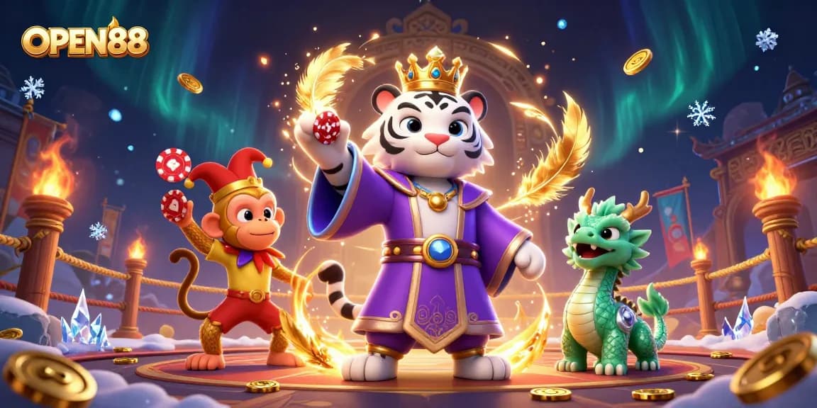 Experience the thrill of OPEN88 with a powerful 3D casino scene featuring a royal tiger and monkey