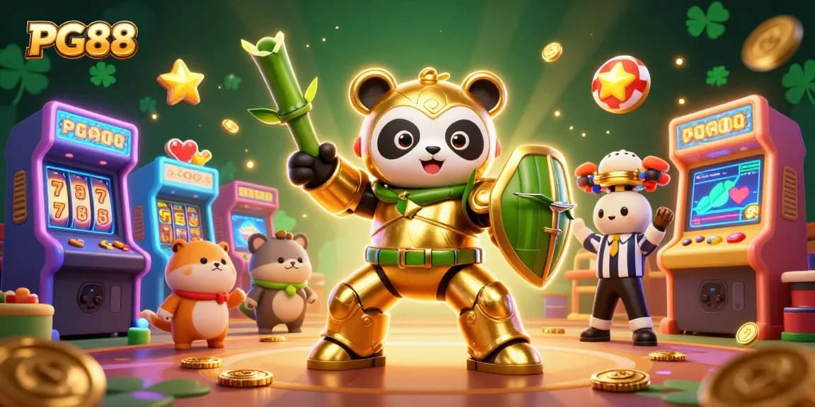 Engage in thrilling gaming with PG88’s exciting casino atmosphere illustrated through a golden panda mech and vibrant game elements.