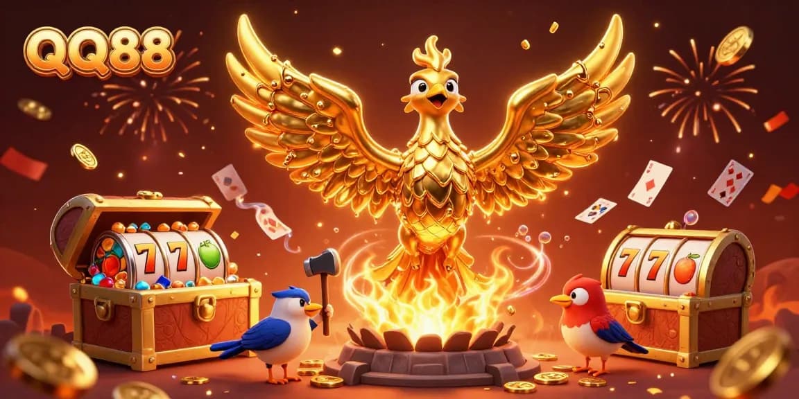 Experience exciting QQ88 slot adventures with a molten golden phoenix and dynamic casino elements bursting with energy.