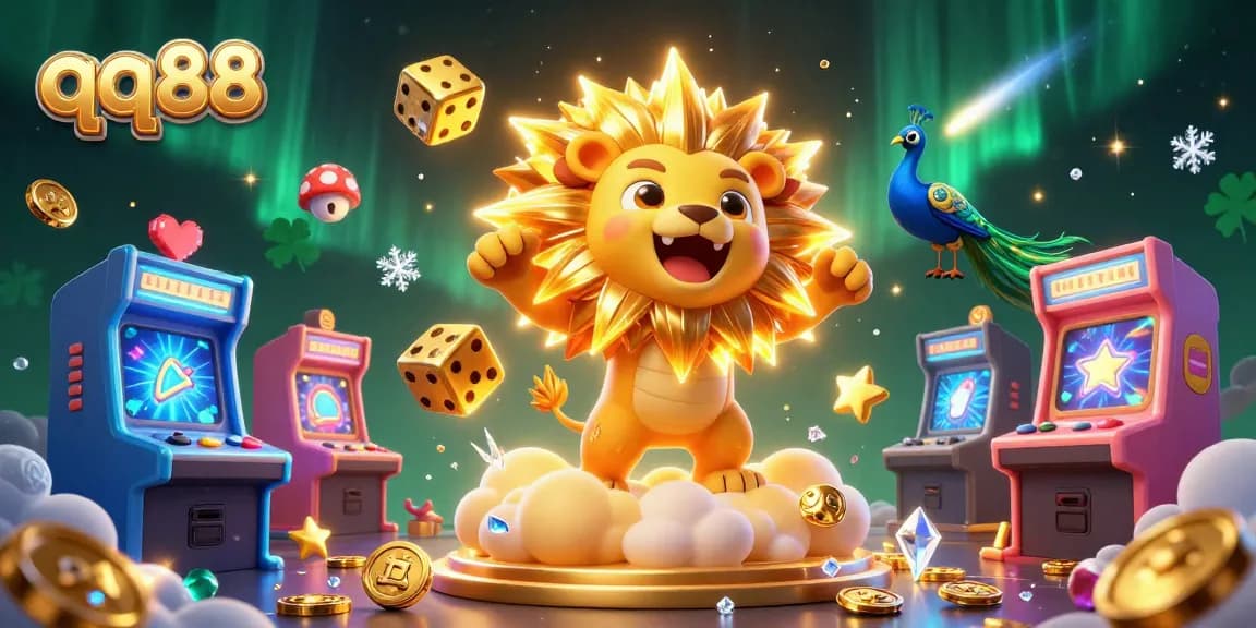 Experience the thrill of qq88 as a cartoon lion roars triumphantly amid colorful casino game elements.