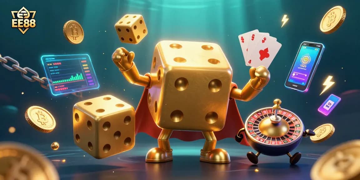 Experience the thrill of EE88’s massive golden dice golem juggling dice in an energetic casino scene.