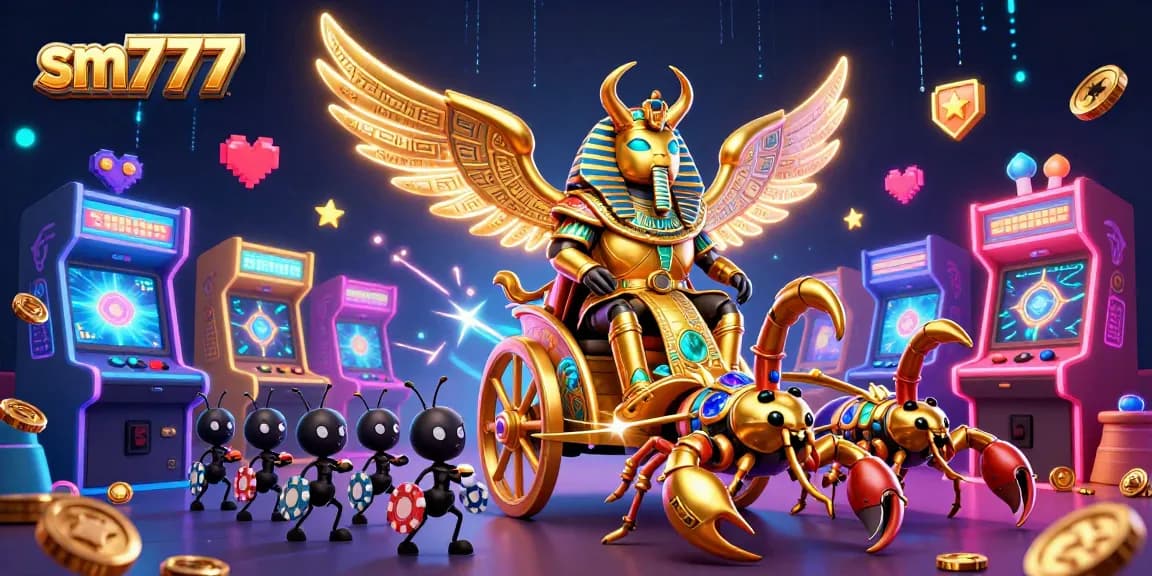 Experience sm777 with a colossal golden scarab beetle in a vibrant 3D casino scene.