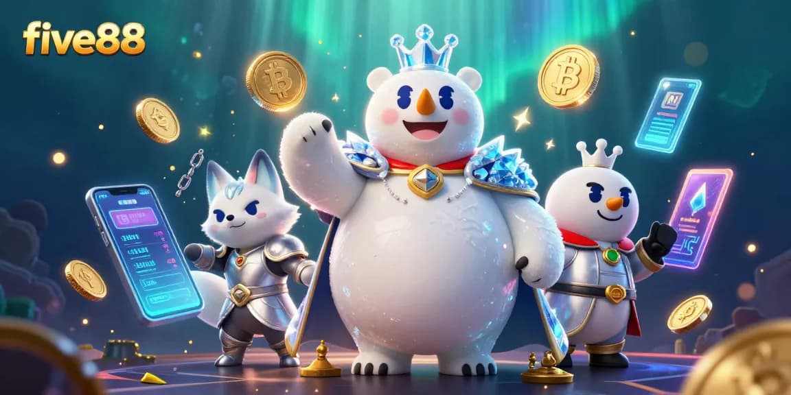 Win big at five88 with vibrant slots and crypto-themed characters in a dynamic casino scene!