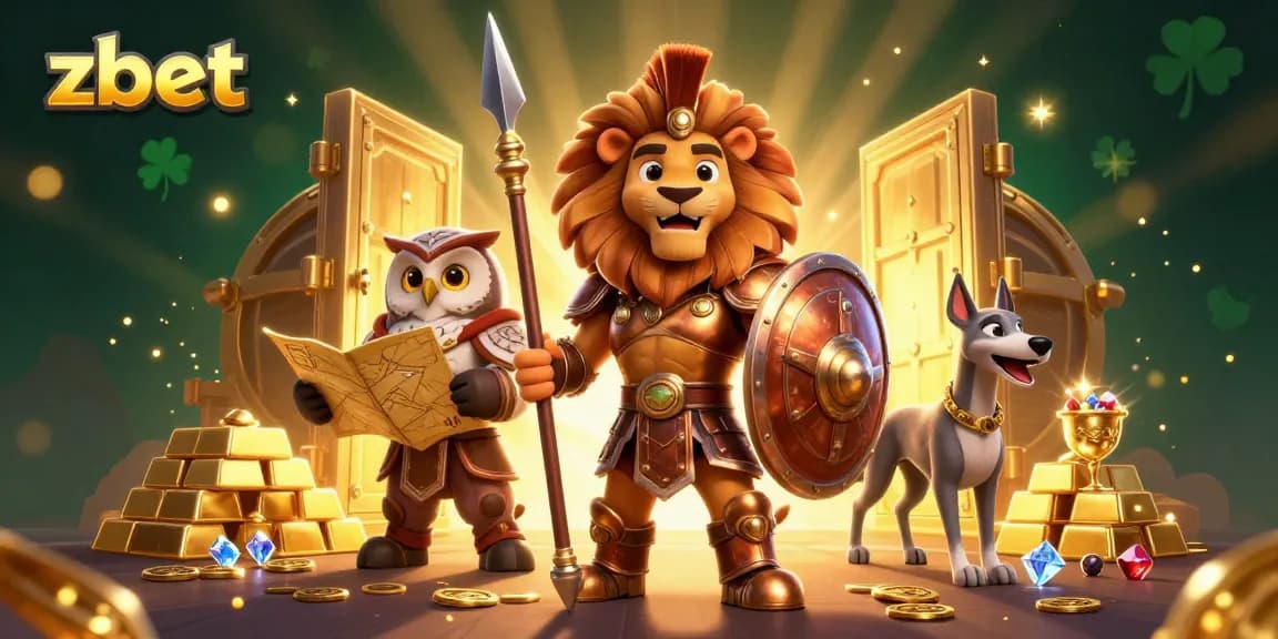 Place bets with zbet at a lively casino scene filled with treasure and sparkling gems.