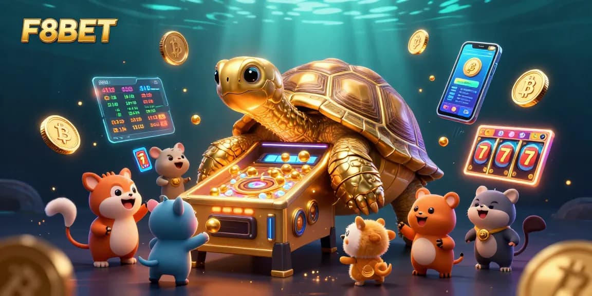 Engage with F8BET's thrilling casino experience featuring dynamic golden tortoise gameplay and crypto elements.