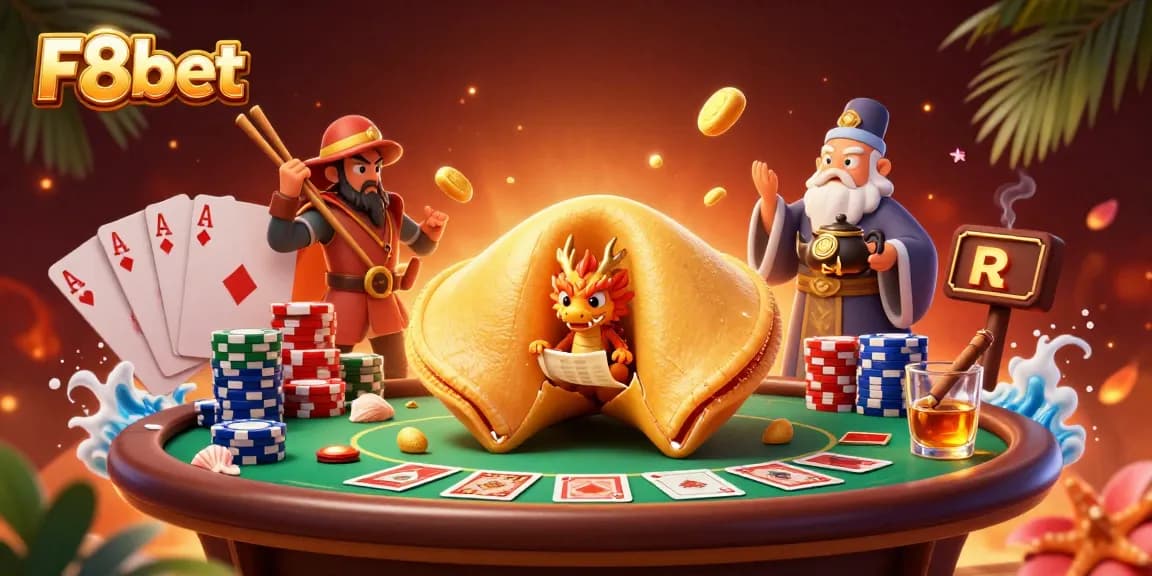 Bet with F8bet at a vibrant casino scene featuring cards and poker chips.