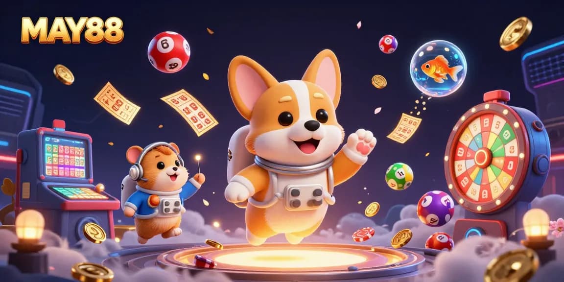 Join MAY88 in a vibrant cosmic casino scene featuring an astronaut corgi and dynamic gaming elements.