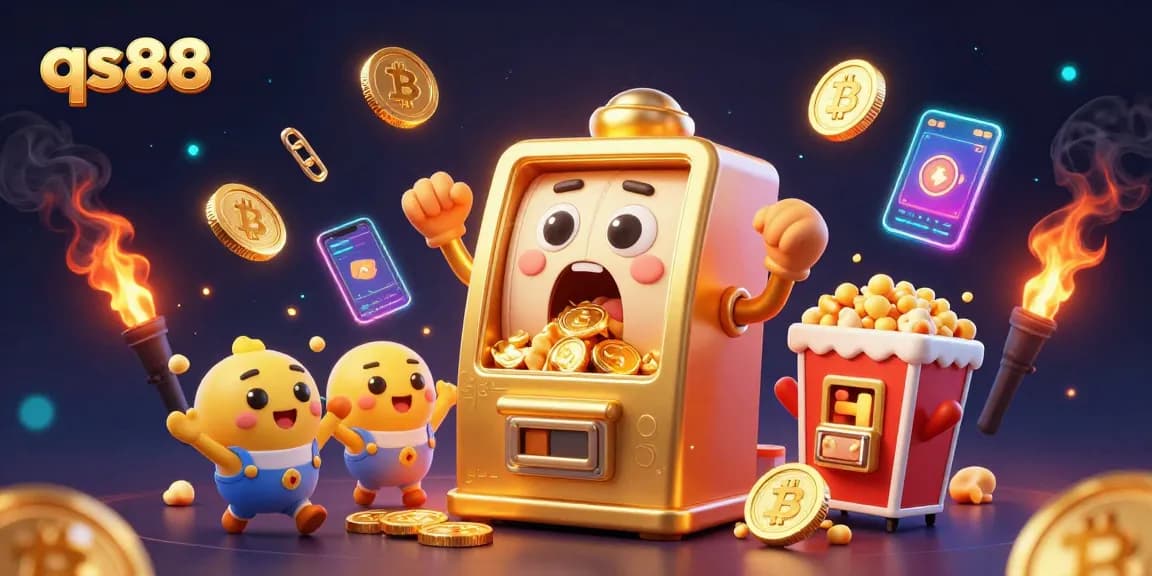 Experience thrills and wins with qs88's lively scene featuring a golden slot machine hitting jackpots.