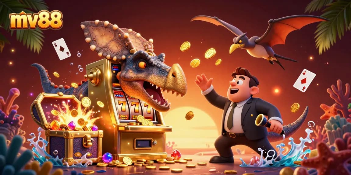 Experience thrilling wins at mv88 casino with vibrant characters around a slot machine jackpot.