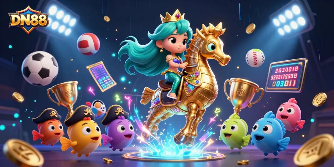 Experience DN88 with a captivating mermaid scene, showcasing colorful characters and dynamic sports elements in a vibrant casino setting.