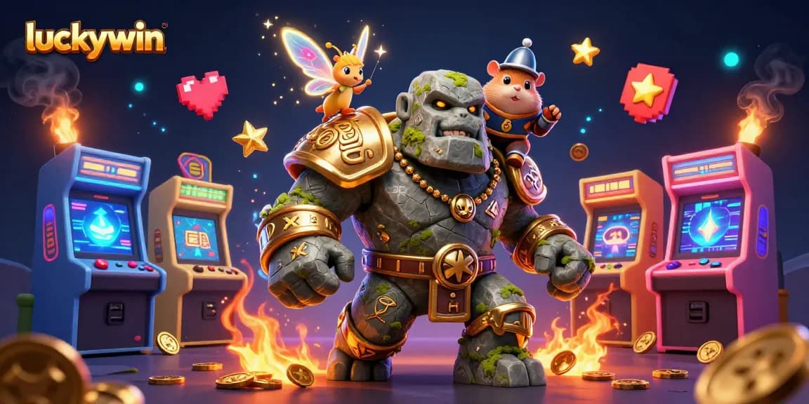 Engage with exciting games at luckywin, an enchanting scene featuring a magical golem, fairy, and hamster knight.