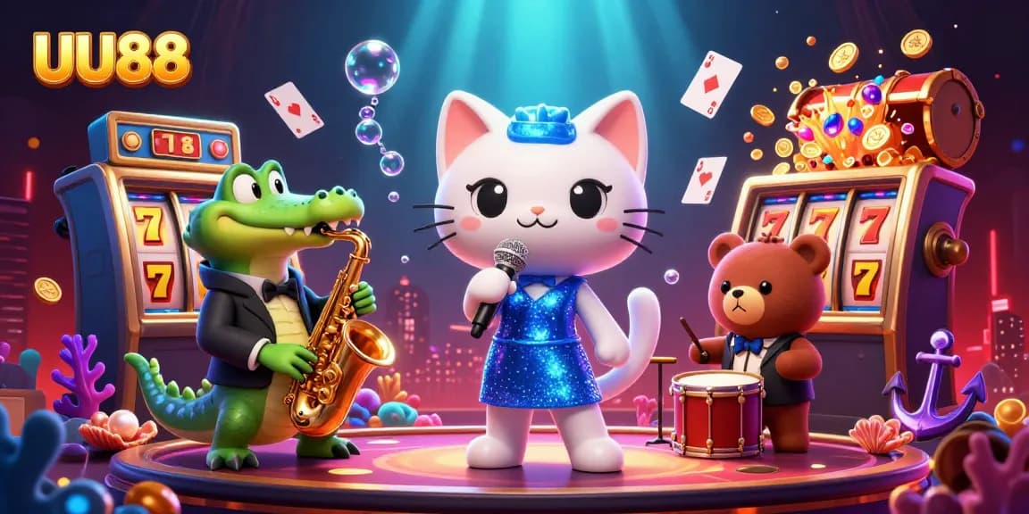 Experience the excitement of UU88 with vibrant characters and casino elements in this lively 3D illustration.