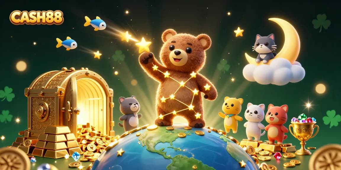 CASH88 casino illustration depicting a constellation bear collecting coins, surrounded by treasures and gaming elements.