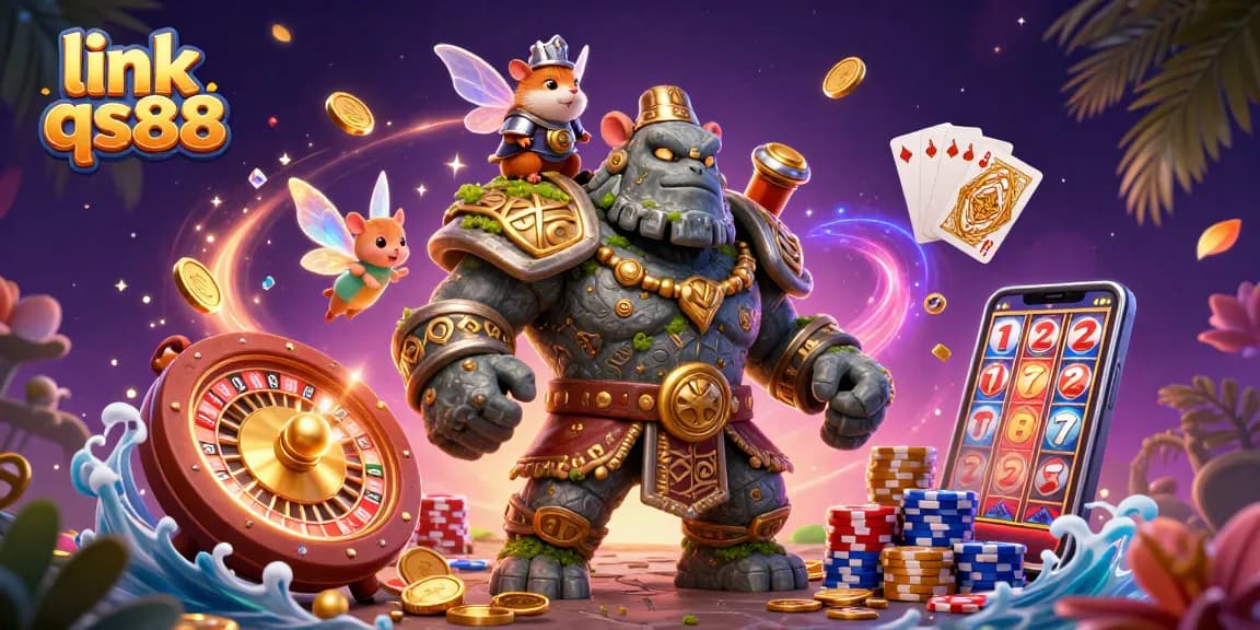Engage with vibrant gaming action at link qs88, showcasing a dynamic 3D casino scene with characters and gambling elements.