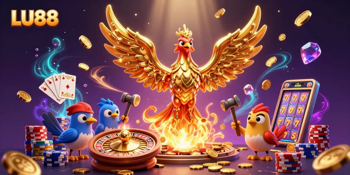 Experience the thrill of LU88 as the golden phoenix soars, surrounded by casino excitement.