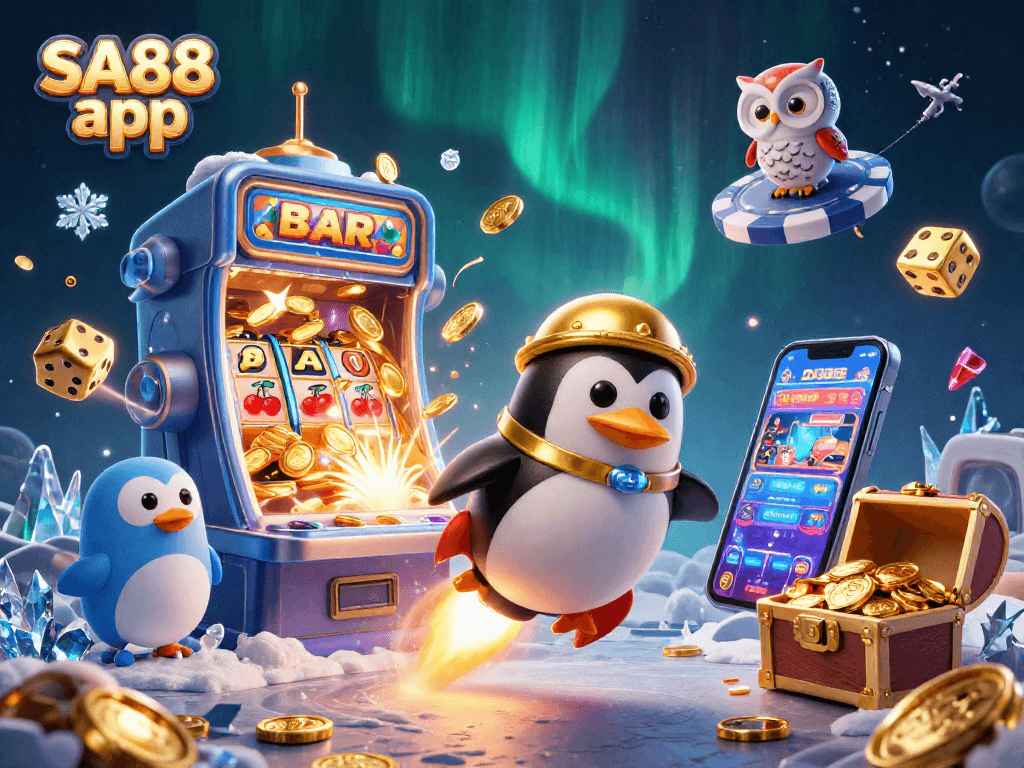 Get ready to win big with the SA88 app as our golden penguin blasts towards a jackpot!