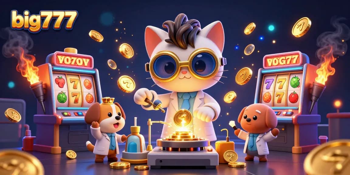 Play big777 and win with colorful slot machines, a mad scientist cat, and sparkling golden coins