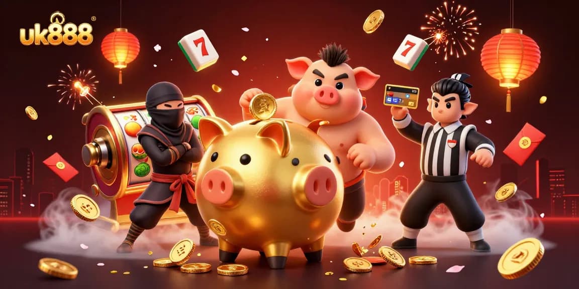Engage in slots excitement at uk888 with a colossal piggy bank wrestler amidst fireworks and golden symbols.