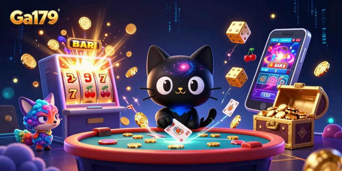 Experience thrilling moments with Ga179 at a cosmic casino, featuring vivid characters and dynamic game elements.