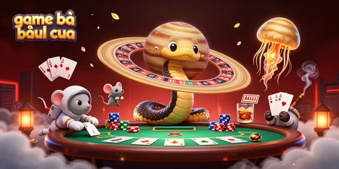 Experience the excitement of game bài bầu cua with a vibrant cosmic scene, featuring a roulette planet and whimsical astronauts.