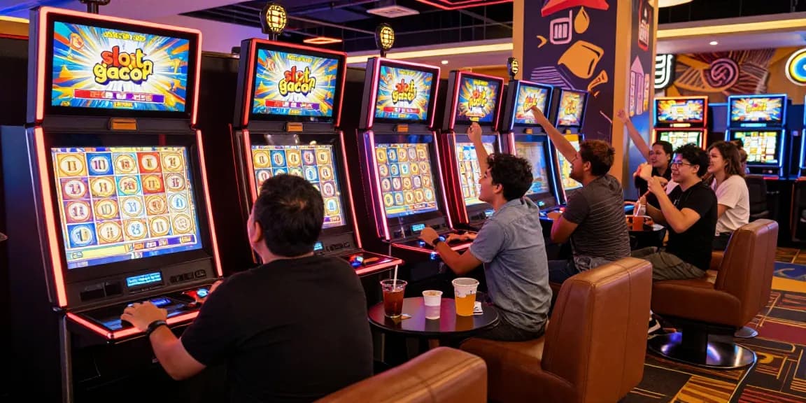 Exciting group playing slot gacor at a vibrant casino environment.