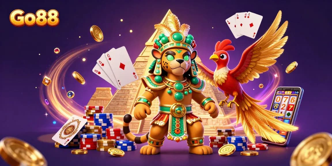 Engage with exciting gaming elements at Go88 in a vibrant casino illustration.
