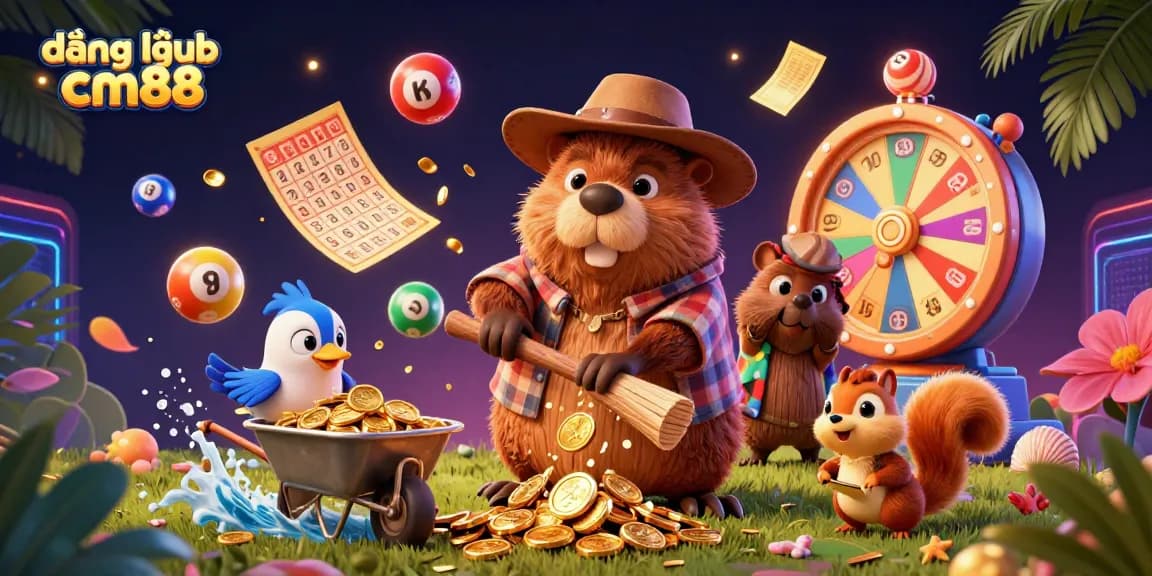 Engage with đăng nhập cm88 while experiencing vibrant gold coin rains and dynamic lottery elements in this 3D casino scene.