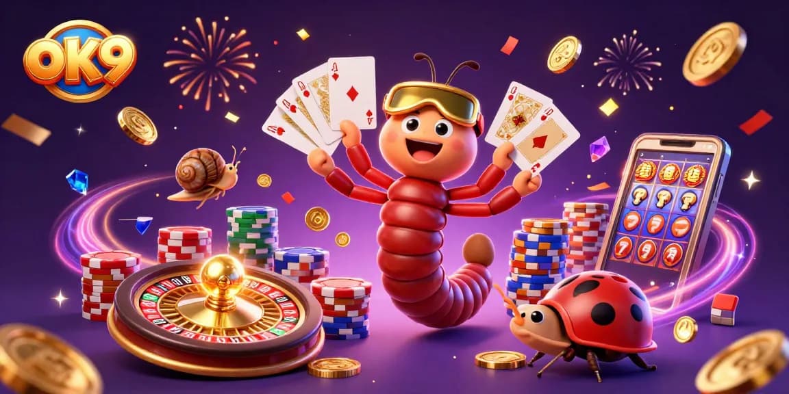 Join the excitement of ok9 with a dynamic 3D casino scene featuring a cartoon millipede dealer and vibrant game elements.
