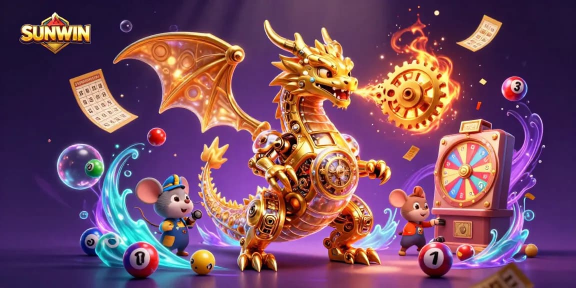 SUNWIN captures excitement with a golden dragon emitting gears amidst a vibrant gambling scene.