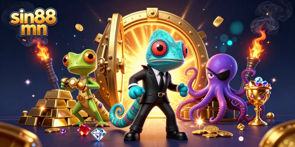 Experience the thrill at sin88 mn with a vibrant casino adventure illustration, featuring dynamic characters and golden treasures.