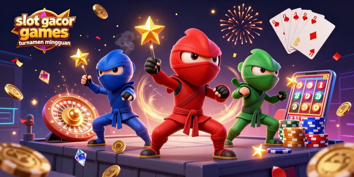 Engaging scene depicting slot gacor games turnamen mingguan with colorful chameleon ninjas in action among gold coins and casino elements.