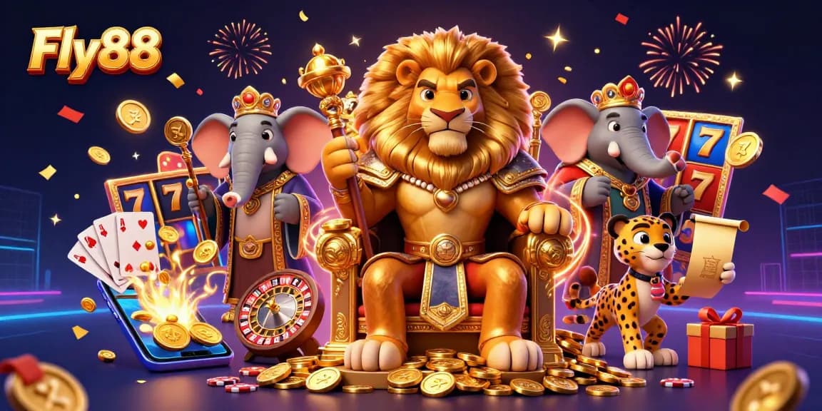 Spin to win with Fly88's vibrant slot game scene featuring dynamic characters and casino elements.
