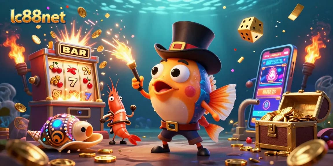 Engage in fun with lc88net's vibrant underwater casino theme featuring quirky characters and gold!