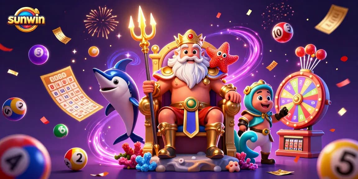 Sunwin's vibrant lottery scene with Neptune, a samurai, and dynamic game elements exploding with excitement