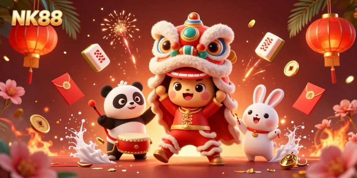 Engage in casino gaming magic with NK88, featuring a vibrant lion dance and exciting game elements.