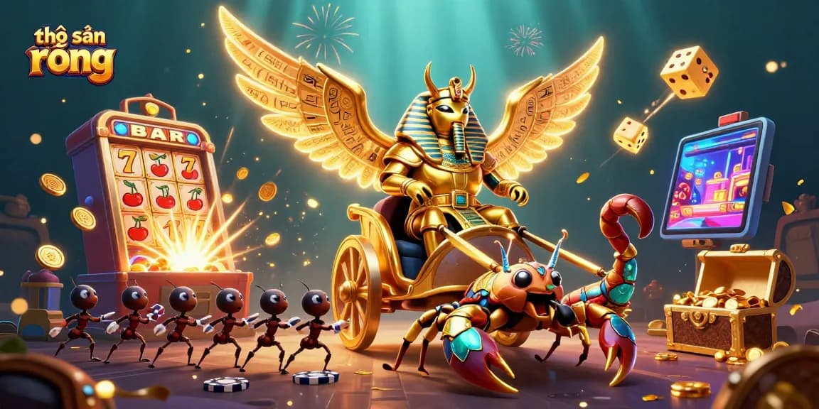 Experience thợ săn rồng as the colossal scarab beetle leads a vibrant casino adventure filled with excitement.