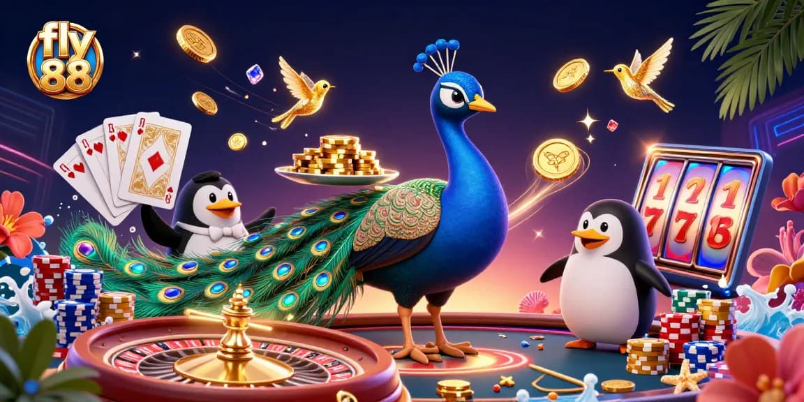 Experience the excitement of fly 88 with a vibrant casino scene featuring dynamic characters and sparkling elements.