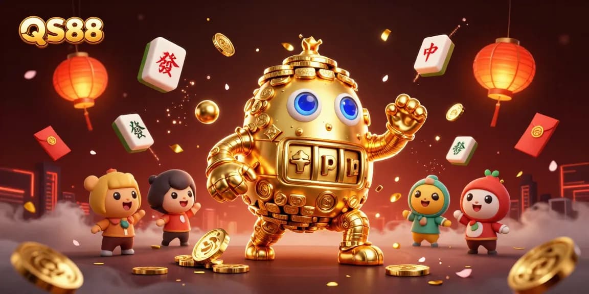 Experience excitement at QS88 with a 3D golden golem surrounded by stunning casino elements.