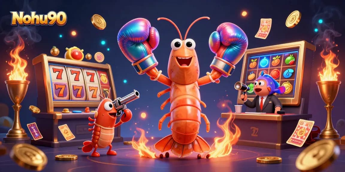 Nohu90 captures thrilling casino action with an exciting 3D illustration of vibrant characters and gaming elements.