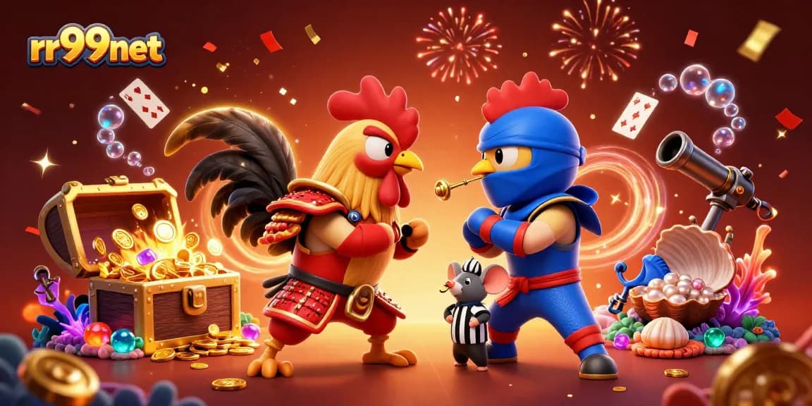 Experience thrilling gaming at rr99net with captivating scenes of victorious roosters and exciting casino elements.