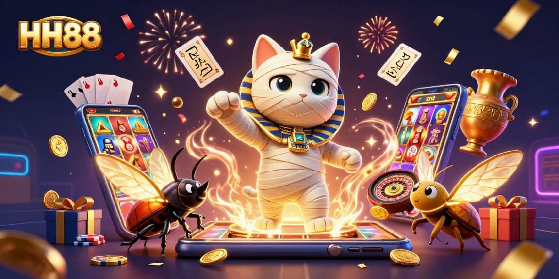 Experience thrilling gameplay at HH88 featuring an animated mummy cat amidst a vibrant casino scene.